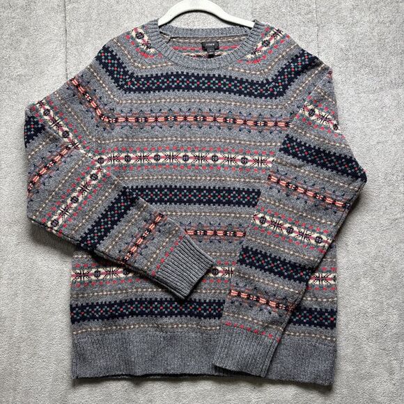 J Crew 100% Lambswool Sweater Mens L Fair Isle Gray Pullover‎ Classic Apres Ski